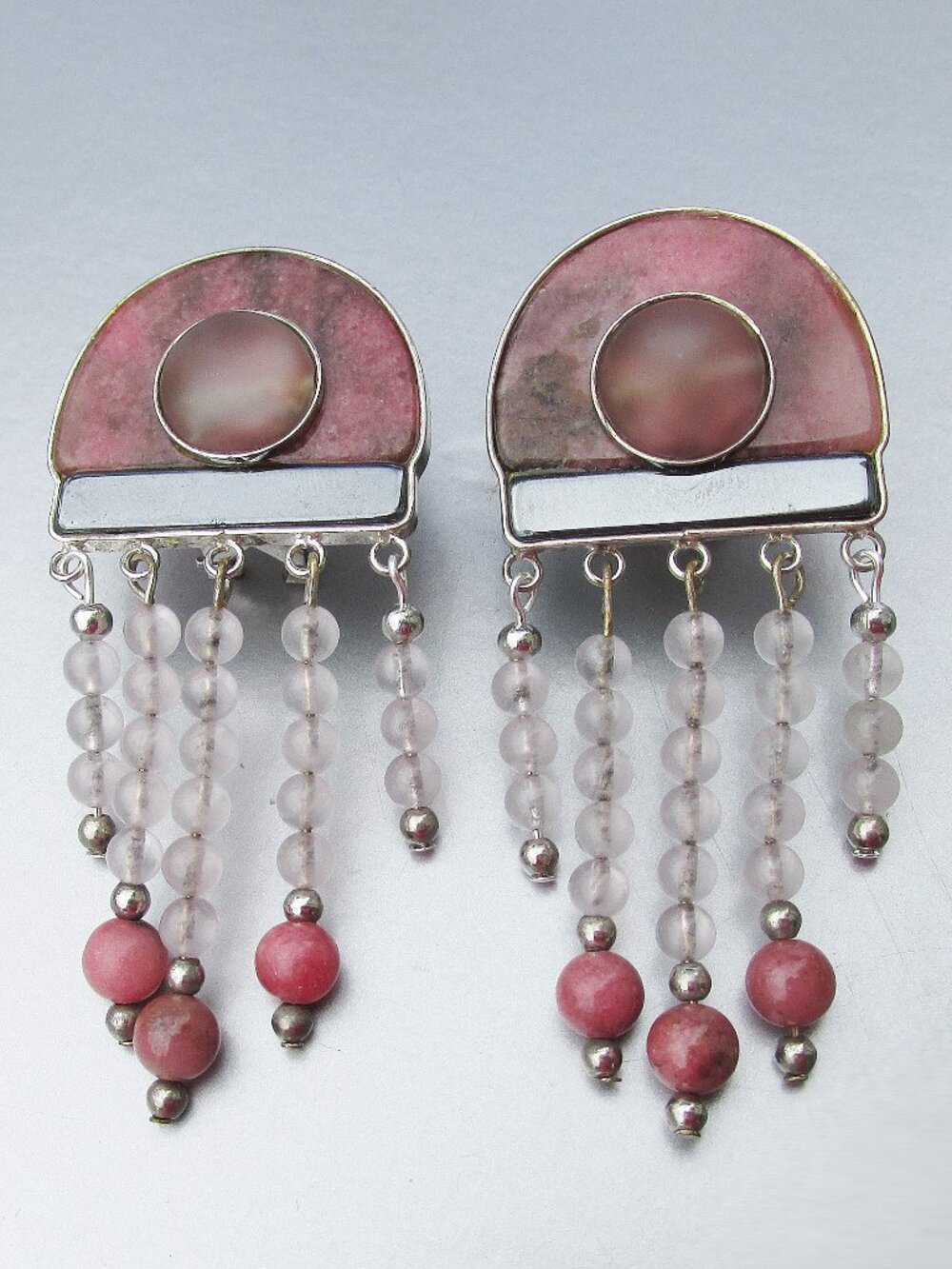 Vintage Sterling Silver Rose Quartz & Hematite Dangle Bead BIG 80s Earrings